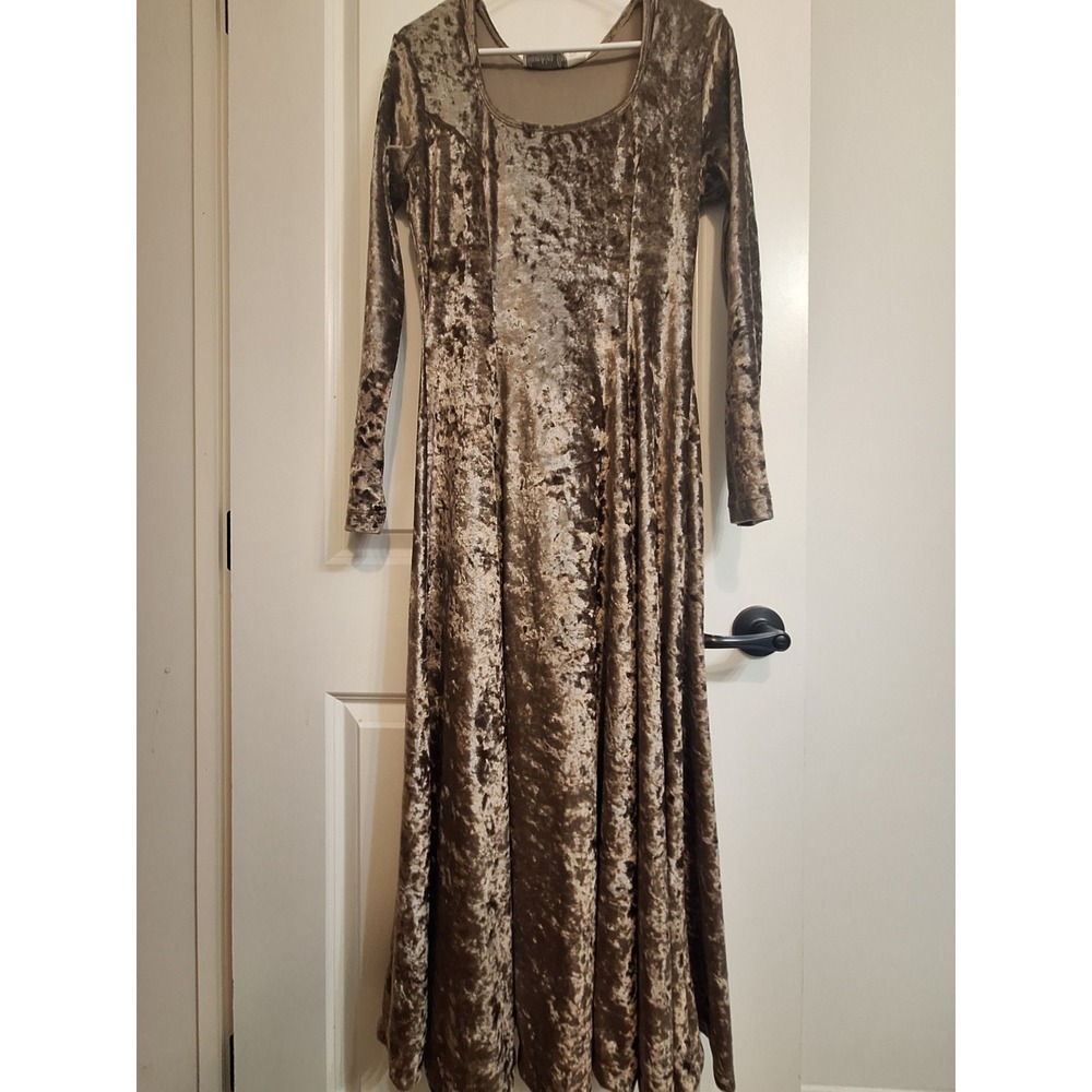 Vintage Jumping Joy Crushed Velvet Maxi Dress Brown Taupe Long Sleeve Gown L 90s